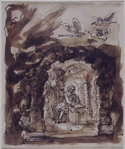 Alexander Pope i sin grotte (pen og blæk med vask på papir) af William Kent