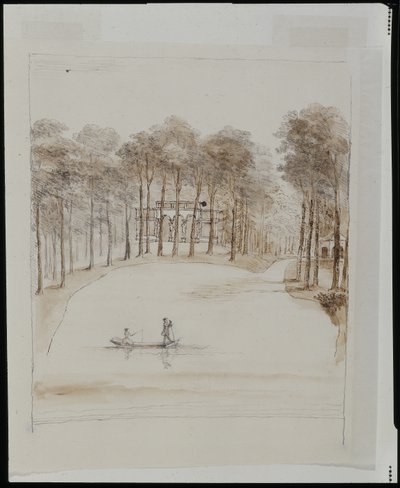 Fuglehus ved Chiswick; pool med et par i en båd, kvinden fisker (pen & brun vask over blyant på papir) af William Kent
