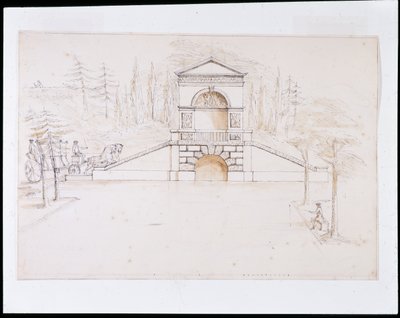 Chiswick, design til en pedimenteret kaskade kombineret med en vejbro for enden af kanalen (pen & blæk og vask på papir) af William Kent