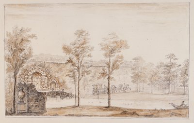 Chiswick, design til en rustik kaskade og bro sat mod terrassen (pen & blæk og vask over blyant på papir) af William Kent