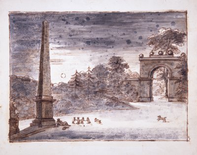 Chiswick, Burlington Lane Gate og Obelisken i måneskin med Kent, der sidder ved Obelisken og drømmer, og med kaniner i spil, ca. 1732 (pen & blæk og vask på papir) af William Kent