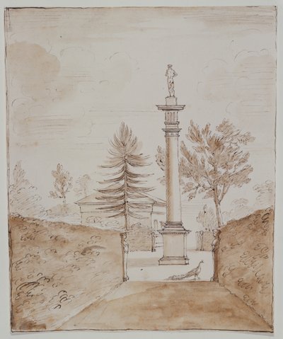 Chiswick, udsigt over den doriske søjle med Venus de Medici-statuen og et glimt af siden af hjortehuset (pen og blæk på papir) af William Kent