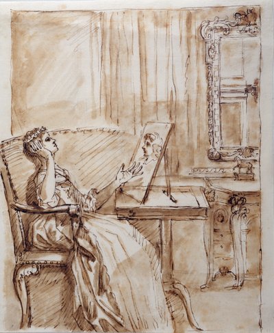 Lady Burlington sidder i sit haveværelse og beundrer en gammel mester (?) tegning (pen og blæk på papir) af William Kent