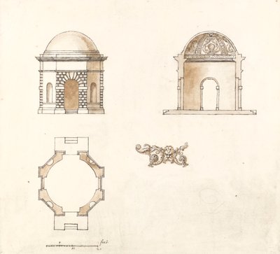 Ottekantet tempel i Shotover Park, Oxfordshire: Plan, snit og elevation af William Kent