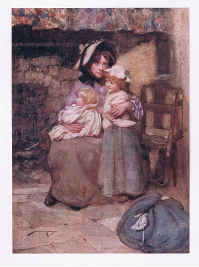 Og kyssede hendes tankeløse unger med mange tårer og klappede dem tæt, i sorg dobbelt kære (farve litho) af William Lee Hankey
