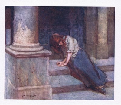 Og, klemt af kulde og krympende fra bruseren, beklager med tungt hjerte den uheldige time (farve litho) af William Lee Hankey