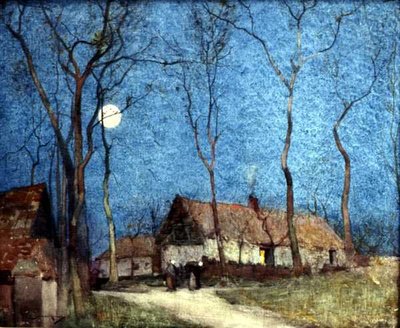 Figurer i en månebelyst landsby (akvarel på linned) af William Lee Hankey