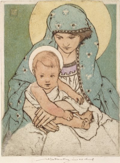 Jomfru Maria med Kristusbarnet (håndfarvet tørnål) af William Lee Hankey