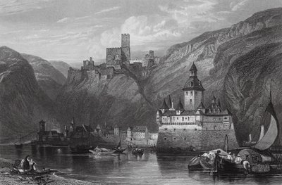 Caub, Gutenfels-borgen og Pfalz, Rhinen (kobberstik) af William Leighton (after) Leitch