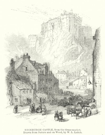 Edinburgh Castle, fra Grass-markedet (gravering) af William Leighton (after) Leitch