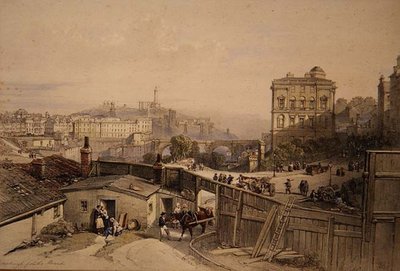 Edinburgh fra højen (farve litho) af William Leighton Leitch