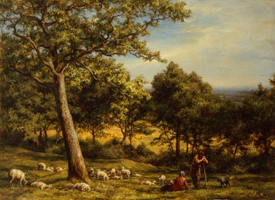 En hyrde og hans flok i et solbeskinnet skovlandskab af William Linnell
