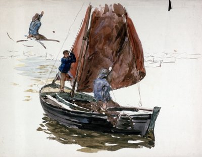 En mand og en dreng om bord på en lille sejlbåd. Akvarel af William Lionel Wyllie
