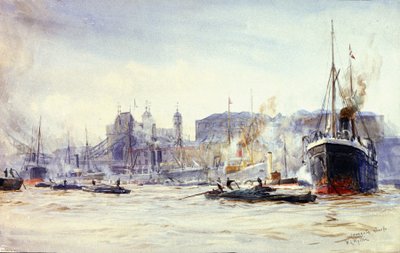 Aktivitetsscene langs Irongate Quay, på Themsen (England), med Tower Bridge i det fjerne af William Lionel Wyllie