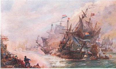 Blakes tre dages engagement med Von Tromp, fra Cassells History of the British People udgivet af Waverley Book Company Limited, ca. 1940 af William Lionel Wyllie