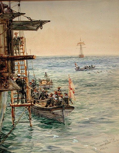 Eclipse Party forlader H.M.S. Theseus, Santa Pola (akvarel på papir) af William Lionel Wyllie