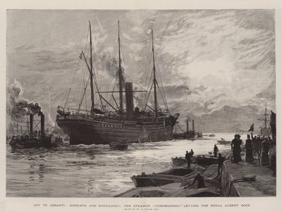 Afsted til Ashanti, farvel og held og lykke!, Steamer Coromandel forlader Royal Albert Dock af William Lionel Wyllie