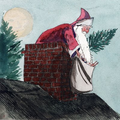 Julemanden kommer ned gennem en skorsten og trækker en sæk fuld af legetøj og et juletræ. Akvarel, begyndelsen af det 20. århundrede, af William Lionel Wyllie (1851-1931). af William Lionel Wyllie