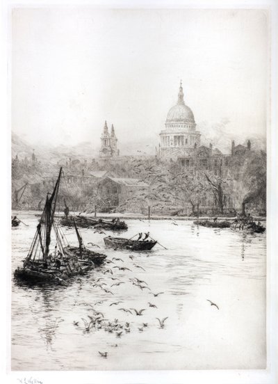 Skibsfart og måger under St Pauls (akvarel) af William Lionel Wyllie