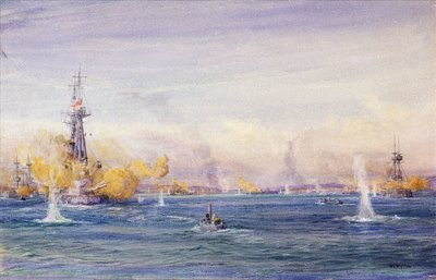 Slaget ved Dardanellerne (1915) (Tyrkiet) under Gallipoli-kampagnen i Marmarahavet. Akvarel, ca. 1915 af William Lionel Wyllie (1851-1931). af William Lionel Wyllie