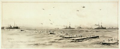 Den tyske højsøflåde i bur i Scapa, ca. 1918 (wash, grå, fremhævet med hvid) af William Lionel Wyllie
