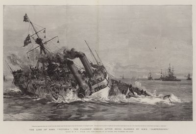 Tabet af HMS Victoria, flagskibet, der sank efter at være blevet rammet af HMS Camperdown af William Lionel Wyllie