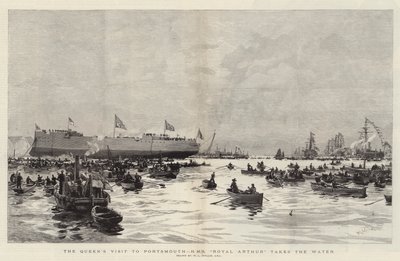 Dronningens besøg i Portsmouth, HMS Royal Arthur går i vandet af William Lionel Wyllie