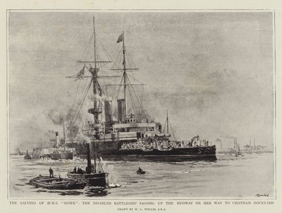 Frelsen af HMS Howe, det handicappede slagskib, der passerer op ad Medway på vej til Chatham Dockyard af William Lionel Wyllie