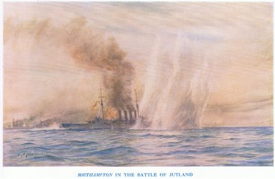Southampton i slaget ved Jylland, fra Cassells History of the British People udgivet af Waverley Book Company Limited, ca. 1940 af William Lionel Wyllie