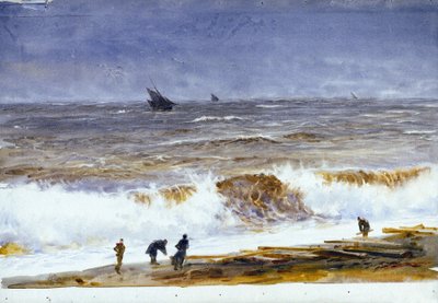 Stranden i Berck sur mer (Berck-sur-Mer) (Frankrig) med oprørt hav og personer på stranden. Akvarel, efter 1890, af William Lionel Wyllie (1851-1931). af William Lionel Wyllie