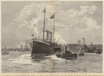 Åbningen af Manchester Ship Canal, Royal Yacht Enchantress med Hendes Majestæt ombord, ved Mode Wheel Lock af William Lionel Wyllie