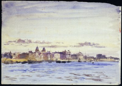 Udsigt over Royal Naval College i Greenwich (England) på Themsen ved solnedgang, set fra Blackwall (modsatte bred). Akvarel, begyndelsen af det 20. århundrede, af William Lionel Wyllie (1851-1931). af William Lionel Wyllie