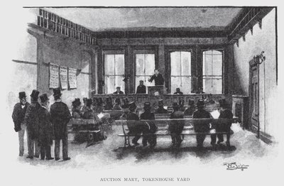 Auction Mart, Tokenhouse Yard (litho) af William Luker