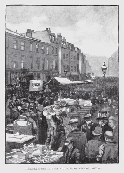 Middlesex Street, sent Petticoat Lane, på en søndag morgen (litho) af William Luker
