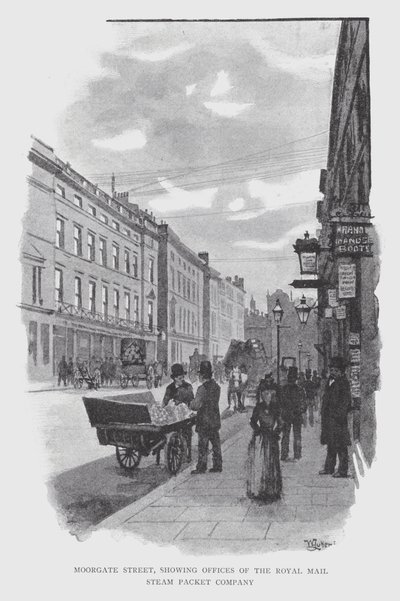Moorgate Street, der viser kontorer for Royal Mail Steam Packet Company (litho) af William Luker