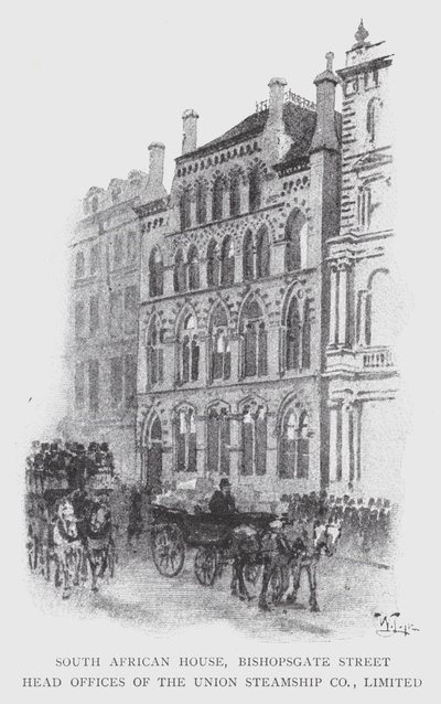 South African House, Bishopsgate Street, hovedkontorer for Union Steamship Co, Limited (litho) af William Luker