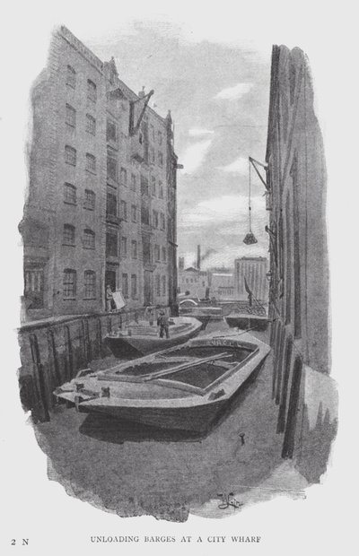 Lossning af pramme ved en bykaj (litho) af William Luker
