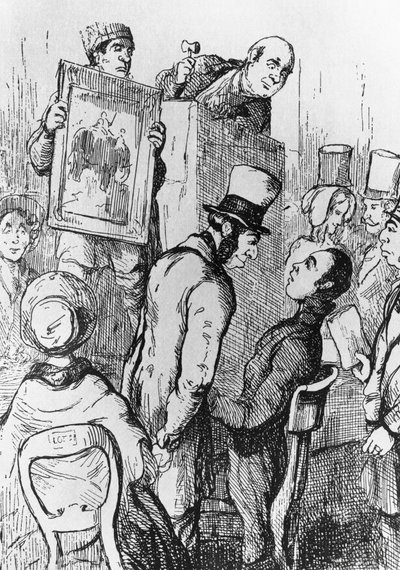 Elephant for Sale, illustration til det 17. kapitel af Vanity Fair, roman af William Makepeace Thackeray (1811-1863), gravering efter tegning af William Makepeace Thackeray (1811-1863), udgivet i Chicago i 1882 af William Makepeace Thackeray