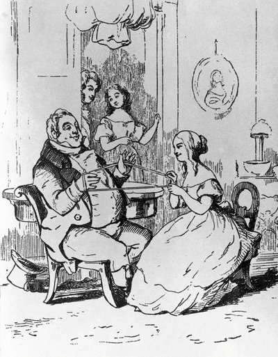 Mr. Joseph Sedley viklet ind af Becky Sharp, illustration til 1. kapitel af Vanity Fair, roman af William Makepeace Thackeray (1811-1863), gravering efter tegning af William Makepeace Thackeray (1811-1863), udgivet i Chicago i 1882 af William Makepeace Thackeray