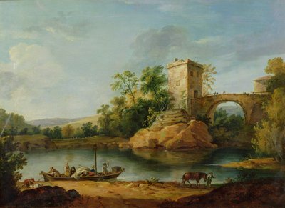 Et skovklædt italiensk flodlandskab med bønder i en pram og en bro hinsides, ca. 1770 (akvarel) af William Marlow