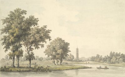 Udsigt over søen og øen fra græsplænen ved Kew, 1763. af William Marlow