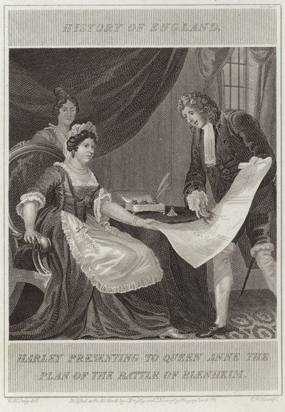 Harley præsenterer for dronning Anne planen for slaget ved Blenheim af William Marshall Craig