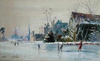 Skøjteløb på Broughton Castle (akvarel og kropsfarve på papir) af William Matthison