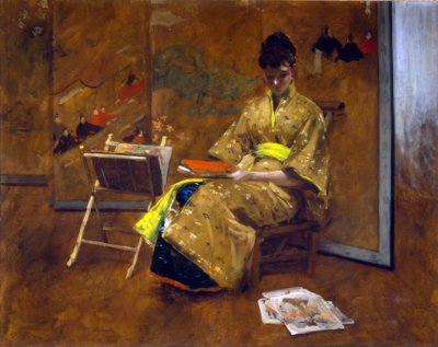 En pige i japansk kjole. Kimonoen ca. 1887. af William Merritt Chase