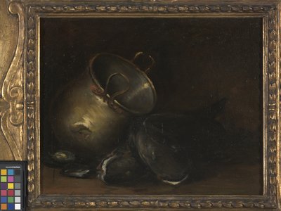 Stilleben - Messingkedel og havkat (olie på lærred) af William Merritt Chase