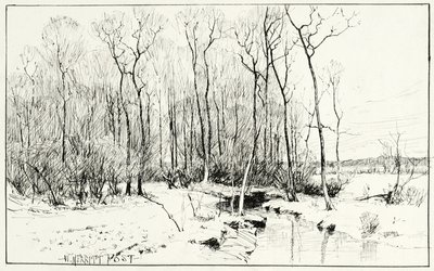 Uden titel, vinterlandskab (pen og blæk på papir) af William Merritt Chase