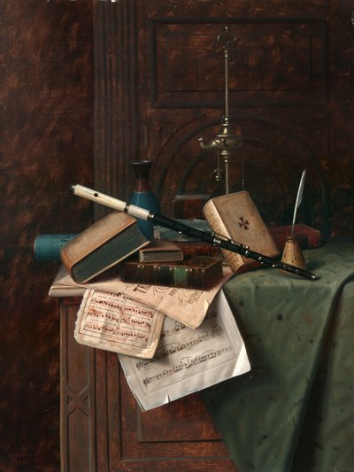Stilleben med fløjte, vase og romersk lampe af William Michael Harnett
