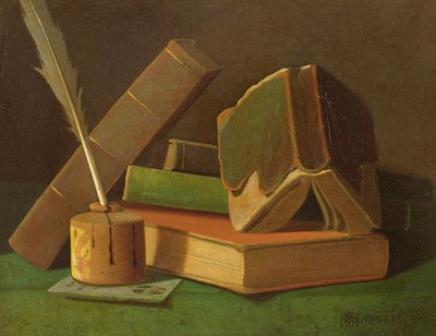 Stilleben med bøger og blækbrønd af William Michael Harnett