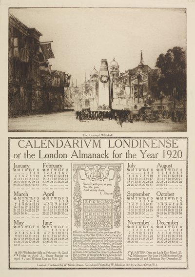 Calendarium Londinense, or the London Almanack for 1920, surmounted by a view of the Cenotaph, Whitehall, 1919dani af William Monk