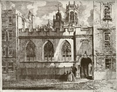 Cliffords Inn Hall and Clock Turret, med St. Clement Danes Beyonds Lantern Tower, 1934. af William Monk